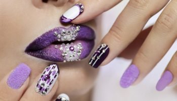 Purple and white nail design on different nail length and shape.Creative nail art.Lip makeup with rhinestones.